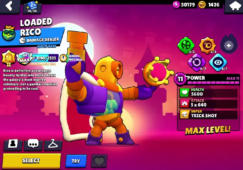 BS1775 29k trophies 79 brawlers 10 max power hypercharged Fang Bibi Bea Colette Spike Bull Loaded Rico Firefly Rico Final Boss Rico Gene (G)